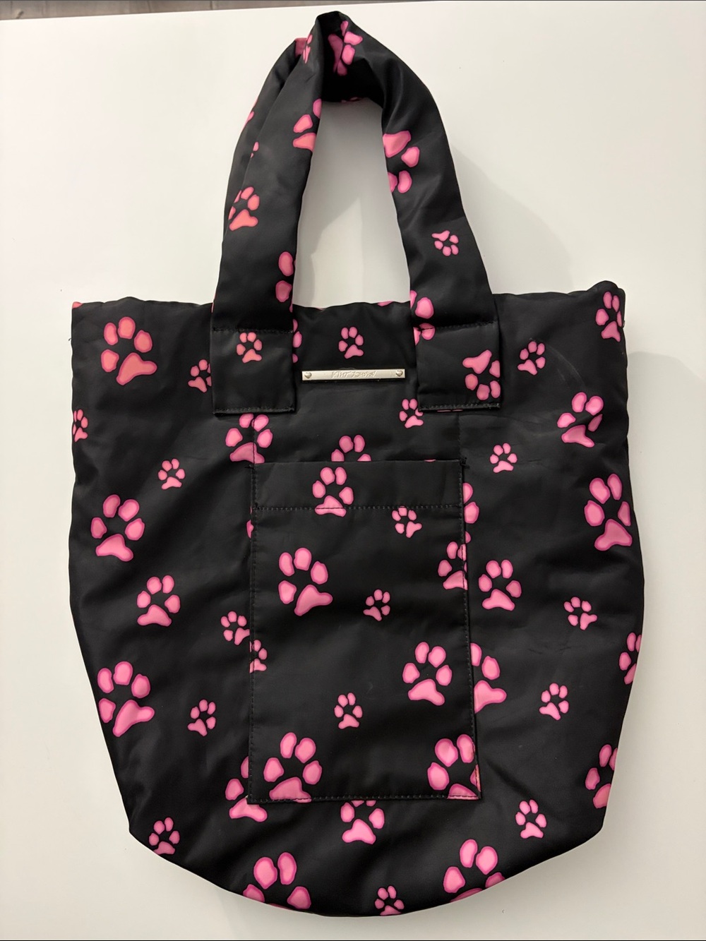 Betsey Johnson Black and Pink Paw Print Soft Nylon Tote Bag Purse | Dog Mom